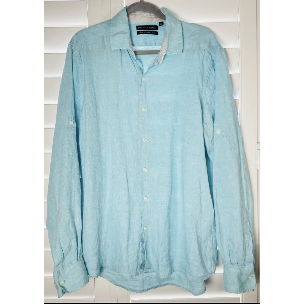 Saks Fifth Avenue Men's Size L 100% Linen Long Sleeve Button Up Shirt Blue Beach